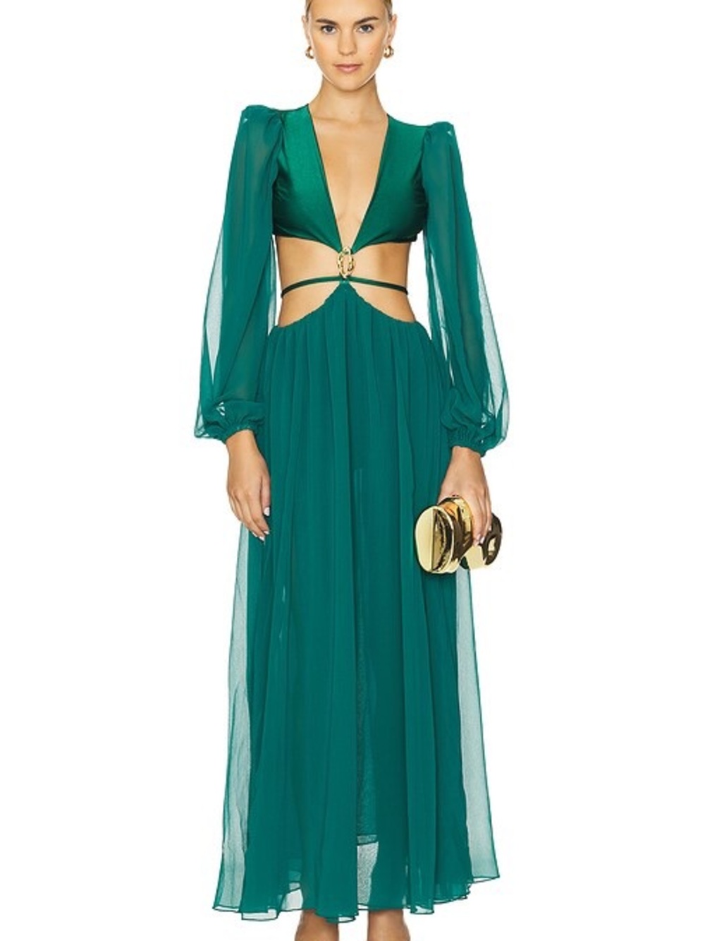 PatBO Piscina Cutout Maxi Dress with Sheer Bishop Sleeves